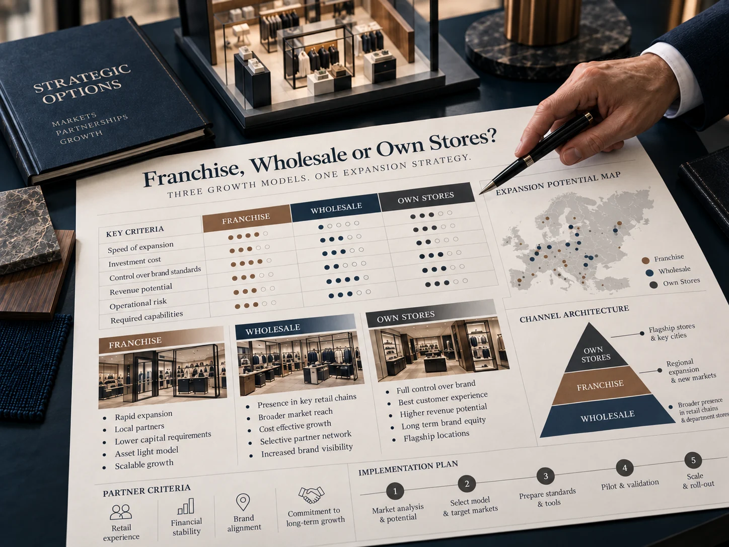 Dokument „Franchise, Wholesale or Own Stores?” z porównaniem modeli ekspansji i mapą potencjału
