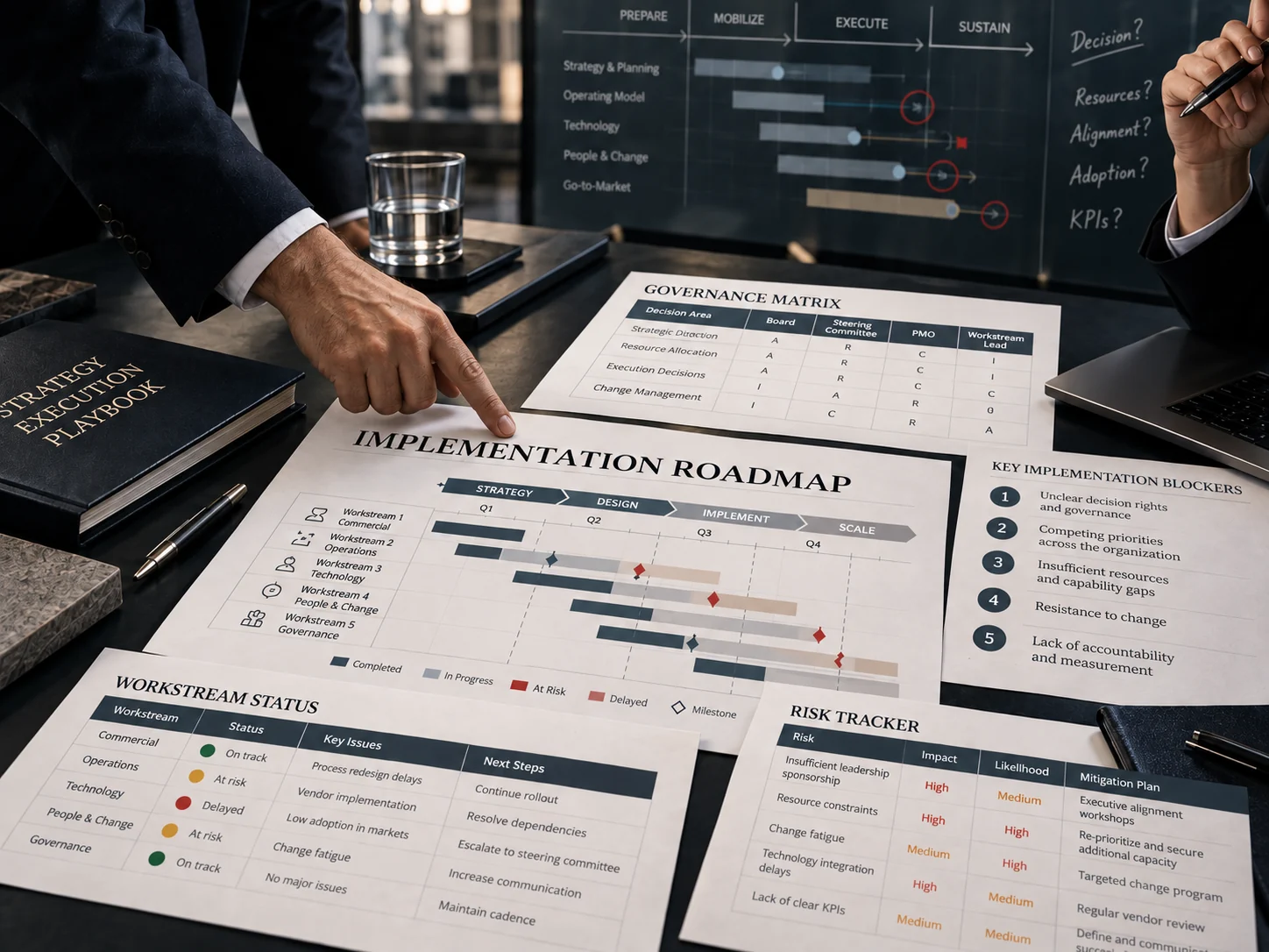Dokument „Implementation Roadmap” z macierzą governance, statusem strumieni prac i rejestrem ryzyk
