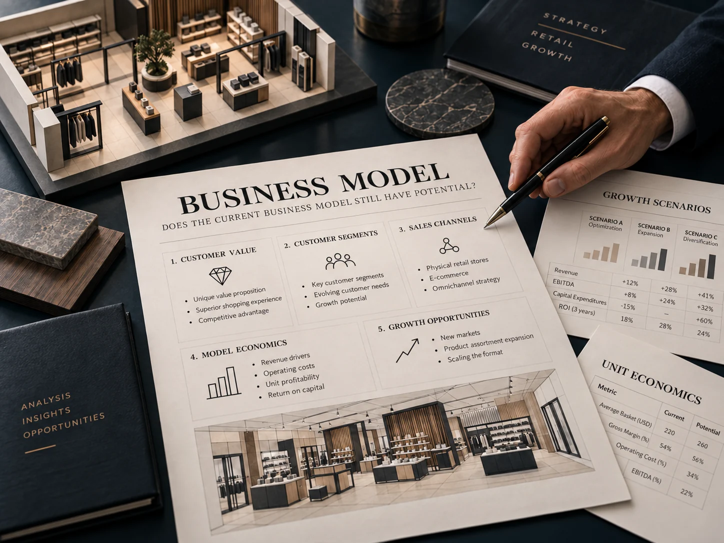 Dokument „Business Model” z makietą salonu i scenariuszami wzrostu
