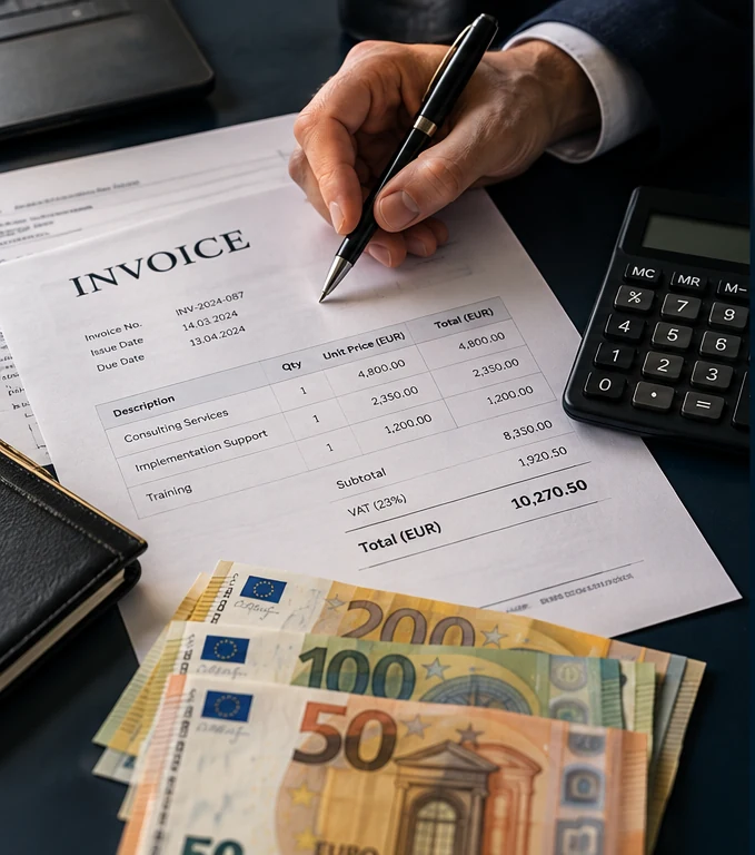 Analiza kosztów — faktura, kalkulator i banknoty euro