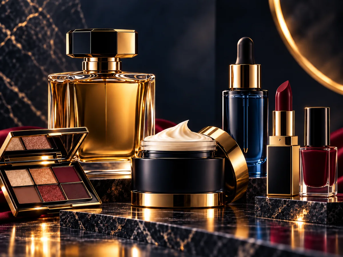 Flakon perfum, serum z pipetą, krem, szminka, lakier i paleta cieni na ciemnym marmurze