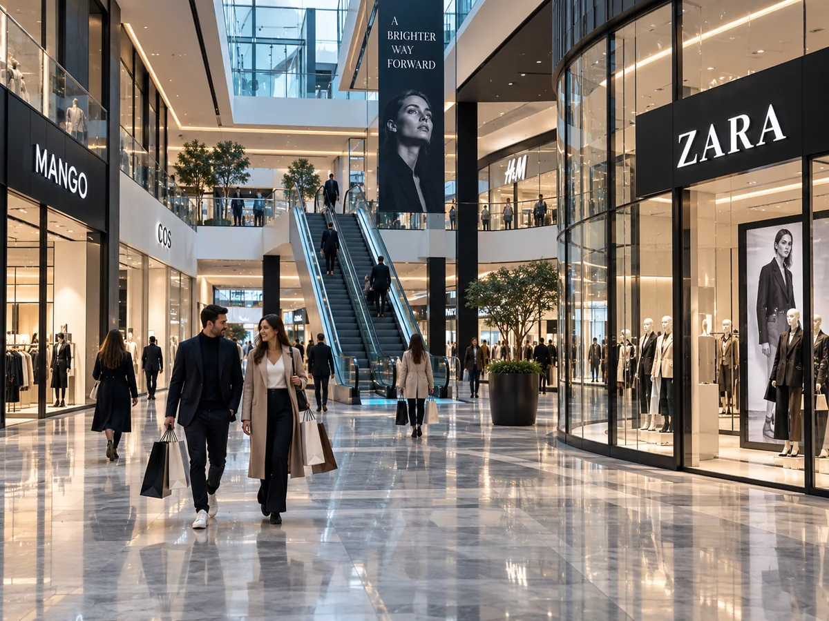 Wnętrze nowoczesnego centrum handlowego z witrynami sklepów modowych i klientami z torbami
