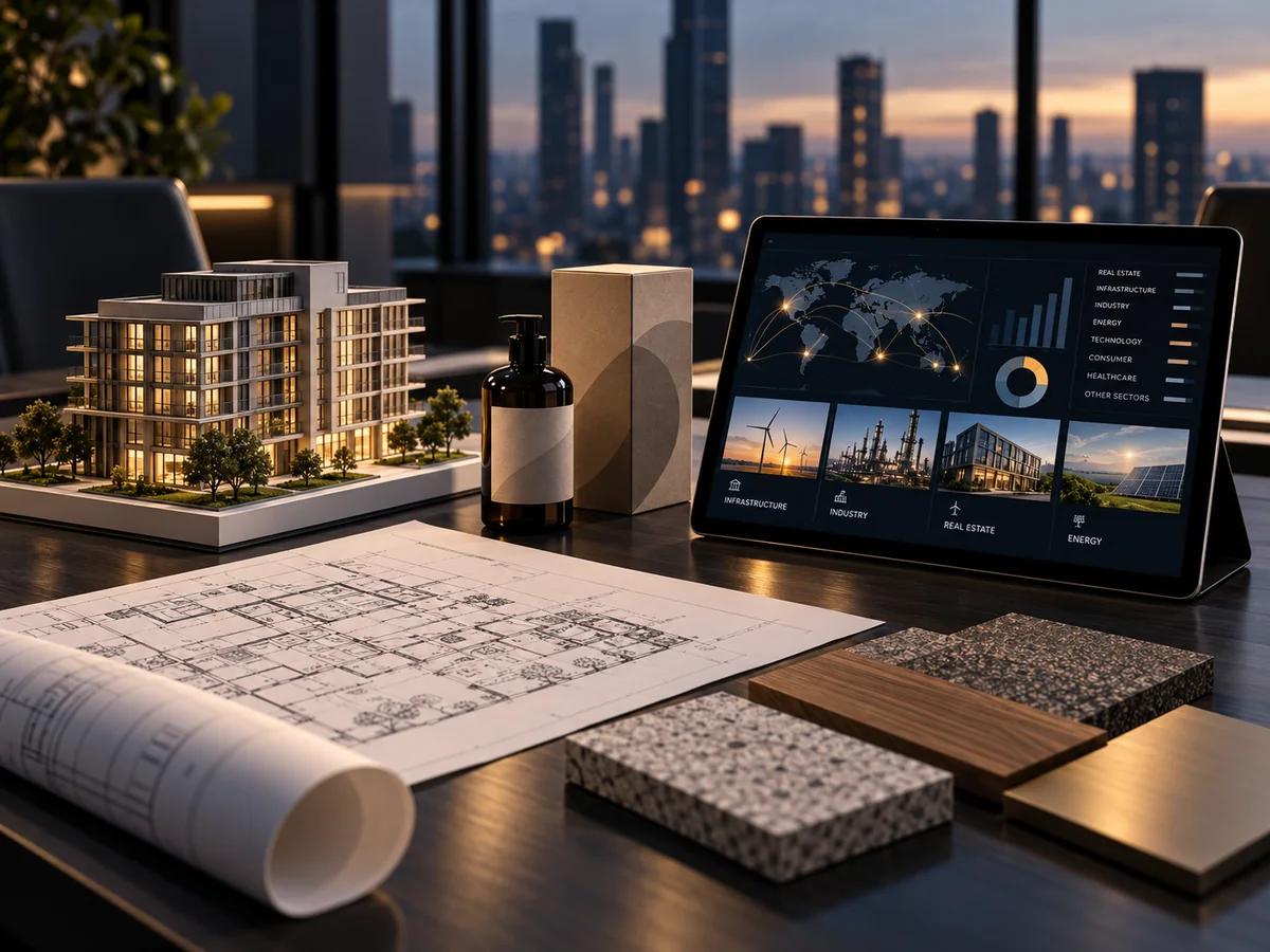 Stół strategiczny z makietą budynku, planem architektonicznym, próbkami materiałów i tabletem z mapą świata