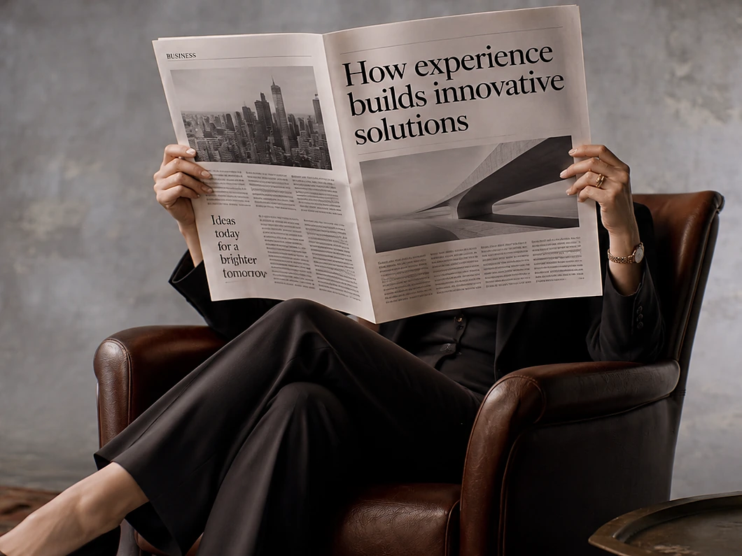 Kobieta w ciemnym garniturze w skórzanym fotelu czyta gazetę z nagłówkiem „How experience builds innovative solutions”